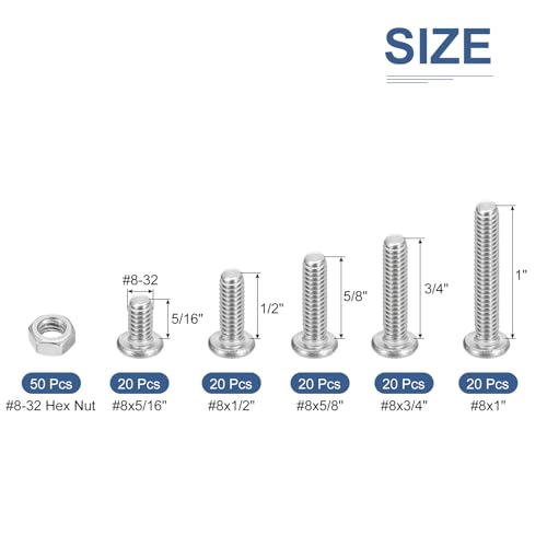 DTGN 150Pcs Machine Screws Assortment Kit, #8-32 Phillips Pan Head Nut and Bolt Assortment Kit, 304 Stainless Steel - Image 2
