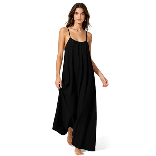 Image of Adiwo Dress Long Sundress with Back Tie, Backless Cami Dress for Women, Open Back Lounge Dresses, Cami Lounge Dress for Holiday Beach House, Black