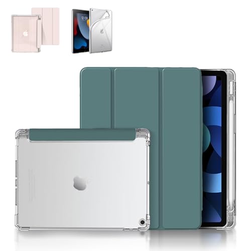 『Masinca』iPad ケース iPad 10.2インチ ペンシル収納付き 三つ折 (2021/2020/2019モデル)第9世代/第8世代/第7世代 保護カバー クリアバックケース 自立スタンド・オートスリープ機能 軽量・薄型・ハードタイプ 手帳型 全面保護型 傷つけ防止 (シーグリーン)