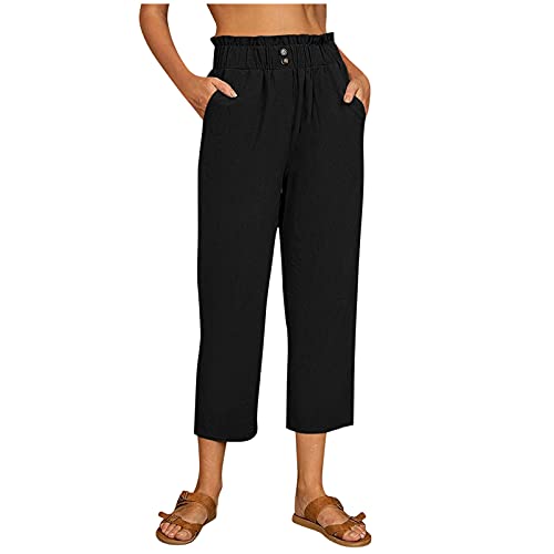 Pantalon été femme en lin et coton décontracté fluide taille haute élastique chic pantacourt