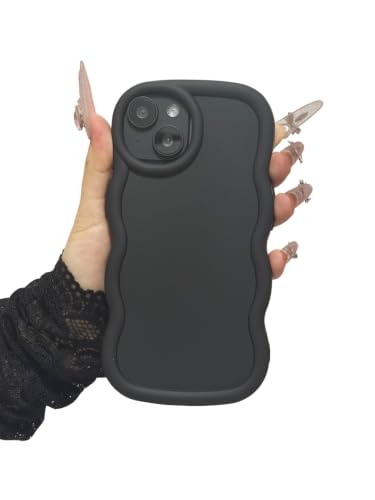 Coque iPhone 15 ondulée noire housse élégante et anti-choc toucher soie chic pour filles et femmes