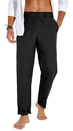 Sailwind Men's Summer Beach Linen Pants Casual Lightweight Elastic Waist Drawstring Loose Pants Black #TOP5