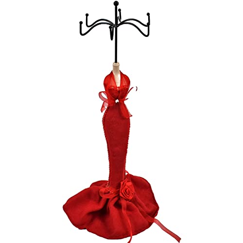 Expositor de maniquíes Decorativos de época para Collares, Pendientes, Colgantes, Pulseras de Tela con Gancho de Madera y Metal de H.40cm Color Rojo