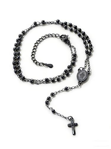 U7 Collar Rosario de Mujer Acero Inoxidable con Cuentas de 3mm Negro Rosario Collar de Mujer Cruz Cadena 46cm + 7,8cm con Libro de Oraciones, Manual y Caja de Regalo