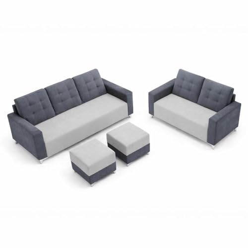 Image of Hakuna Dual Tone Plush Velvet 3 Seater + 2 Seater Sofa Set with 2 Ottoman | Silken Velvet Suede Upholstery | Designer Sofa for Living Room, Office Spaces (Dark Grey & Light Grey)