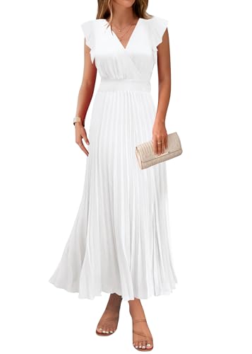 Image of KIRUNDO Women's Summer Maxi Dresses Elegant V Neck Ruffle Flutter Sleeves Empire Waist Pleated Flowy Wedding Guest Dress