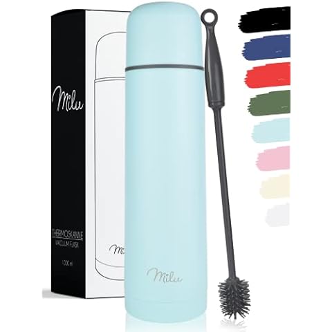Milu Vacuum Insulated Flask 1L, 750ml, 500ml - Thermo Water Drinking Bottle with Cup for Hot & Cold Drink - Stainless Steel, 100% Leak-Proof (Baby Blue, 1000 ml) Cover