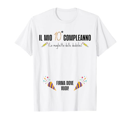 Il mio decimo compleanno è la maglietta delle dediche per un bambino che compie dieci anni. Un'idea regalo per compleanno di un bimbo che spegne dieci candeline. L'elefantino e la giraffa invitano i partecipanti a lasciare firma e dedica per i 10 anni.