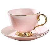 YDoLimmer Kaffeetasse mit Untertasse 210ml Mokkatasse Espressotasse Marmor Keramiktasse Porzellan Teetasse mit Goldrand für Küche Party Hochzeit Büro (Rosa)