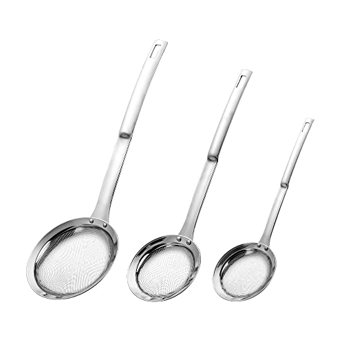 Sieve Fine Mesh Strainer Set Stainless Steel Metal Flat Cooking Skimmer Ladle Colander With Handle Food Strainer Kitchen Tools For Kitchen Baking Oil Filter Flour Sifter Foam,L M Small 3Pack