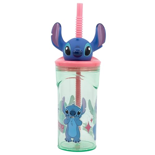 Stor Gobelet en plastique Disney Stitch 3D pour enfants, sans BPA, avec capuchon 3D et paille, lavable et réutilisable