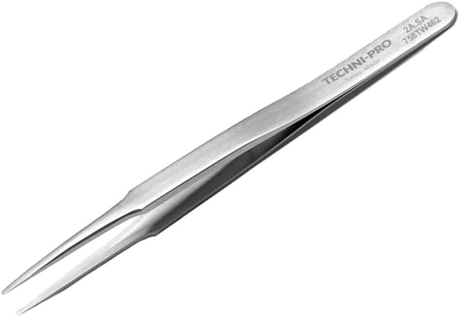 Techni-Pro 758TW462 - High Precision Tweezers, Style 2A, Anti-Acid/Anti-Magnetic, Stainless Steel, Round, Flat, 4.7'