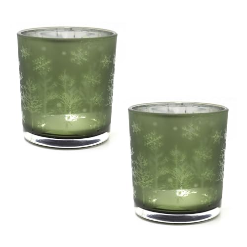 Carousel Home Pack of 2 Frosted Tree Green Glass Christmas Tealight Holders | Silhouette Frosted Glass Christmas Candle Holders | Xmas Tea light Votive Pots Candle Gifts - 8cm