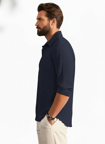 Image of Amazon Brand - INKAST Men's Casual Button Down Shirts Long Sleeve Linen Shirt Fashion Textured Beach Summer Shirt