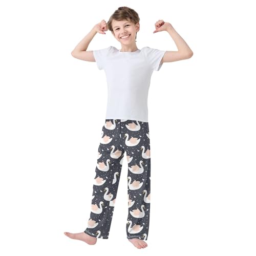 ALAZA White and Pink Swan Black Pajamas Bottoms with Pockets Comfy Pjs Sleepwear Elastic Waistband Pajamas Pants Lounge Pants for 6-14 Years2