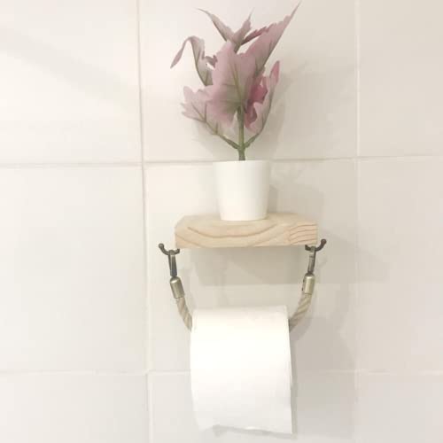Portarrollos de Papel Higiénico con Estante, Portarrollos Papel Higiénico con Cuerda de Cáñamo y Estante de Madera 100% Natural de Pino Cover