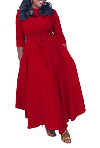Image of Hostoyo Women Plus Size Formal A Line Maxi Dress Self Tie Waist with Pockets Elegant Round Neck Swing Long Dresses