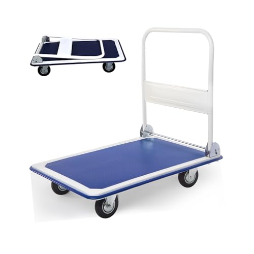 GYMAX Chariot à Plateforme Pliable, Chariot de Manutention à 4 Roues Silencieuses, Chariot de Transport Pliable, Charge Max 300 KG, Convient pour Garage, Bureau, Supermarché