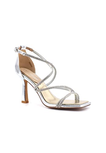 Sandales bijou femme gris argent CAF NOIR MA9001 à strass et talon croix stable