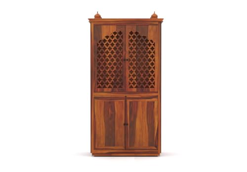Image of Solid Sheesham Wood Temple for Home & Office /Mandir /God Stand /Pooja Stand /Home Mandap /Mandapam with Cabinet Doors & Multiple Storage (Honey-2, Large)