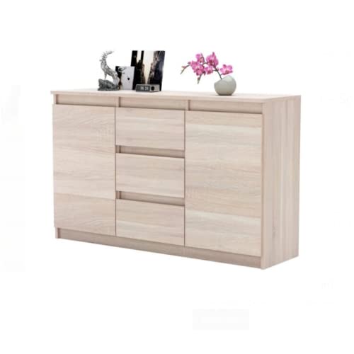 FURNICA - Mikel - Commode à 3 tiroirs et 2 portes - Meuble de rangement pour couloir/chambre à coucher - Buffet de rangement - H75 cm x L120 cm x P35 cm (chêne sonoma) Cover