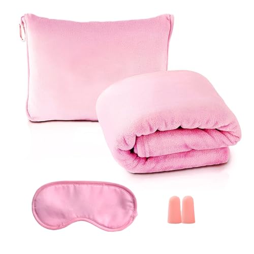 QITIXI:OU Reisedecke Kissen 2 in 1, Rosa Weiche Flugzeugdecke mit Rosa Augenmaske und Ohrstöpsel, Verwandlungskissen, Ultraleichte Reisedecke für Urlaub, Büro, Zuhause, Geschäftsreisen
