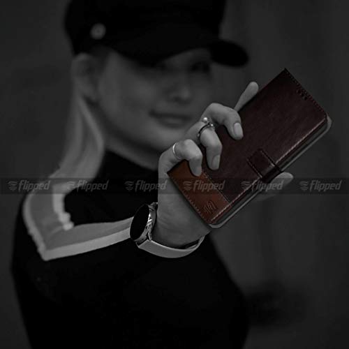 Image of FLIPPED Vegan Leather Flip Case Back Cover for iQOO 9 SE 5G (Flexible, Shock Proof | Hand Stitched Leather Finish | Card Pockets Wallet & Stand | Coffee with Brown)