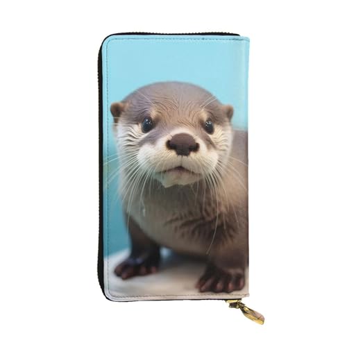 Portefeuille long en cuir avec fermeture éclair et motif loutre de grande capacité