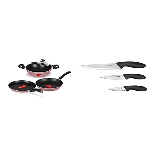 Pigeon by Stovekraft Basics Aluminium Non-Stick Cookware Set, Set of 3 (with one lid), Pink & Stainless Steel Kitchen Knives Set, 3-Pieces, Multicolour Combo