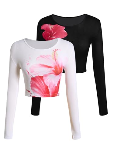 Image of RoseSeek Girl's Long Sleeve T Shirt Slim Fit Crewneck Fall Basic Tees Ribbed Knit Crop Top for Girls