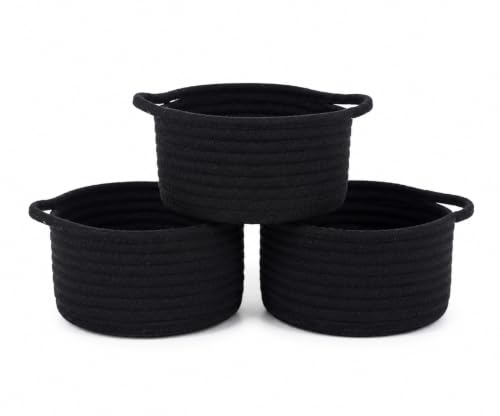 Image of Small Woven Cotton Rope Baskets with Handle, Set of 3, Black | Boho Round Design, Bathroom Organizer, Safe for Kids & Pets, Chemical-Free Cotton, Multi-Room Storage