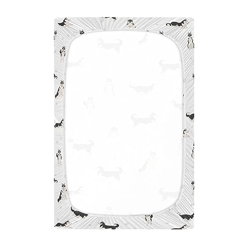 Image of Fitted Crib Sheets Cute Dogs Siberian Husky Stretchy Portable Playard Sheets for Baby Toddler, Breathable Soft Mini Crib Mattress 39 x 27 in for Boys and Girls
