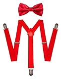JEMYGINS Red Suspender and Bow Tie Set for Men and Boy with 3 Strong Clips Adjustable(1) Braces(1)