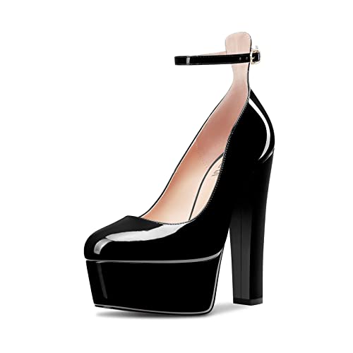 HEUIVZAR Women High Platform Chunky Block Heel Close Toe Pumps Ankle Strap Party Dress 5.9 Inches Heels