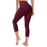 RONLIMO High Waist Yoga Leggings for Women, Tummy Control Workout Running Yoga Leggings with Pockets for Women, Capri Buttery Soft Yoga Pants for Workout Athletic, Wine Red, M