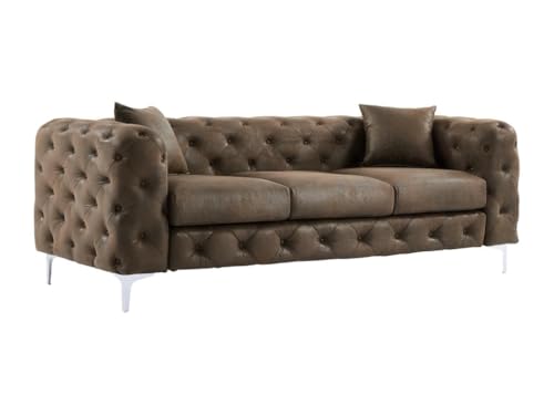 Vente-unique Chesterfield Sofa-Set, Mikrofaser, Braun, 220 cm x 91 cm x 76 cm, 3er Set (Sofa, Sessel, Hocker), Vintage-Leder-Optik, Edwina – Bild 5