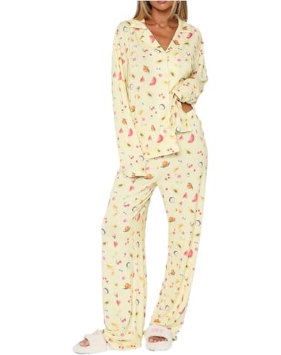 FHNUVB Womens 2 Piece Fruit Pajamas Set Cute Pjs Button Down Long Sleeve Wide Leg Y2K Coquette Fall Lounge Set Sleepwear S-XL