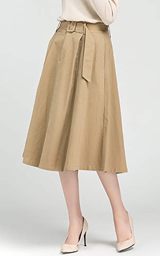GGUHHU Womens Classic Belted High Waist Twill Cotton A-Line Midi Skirts with Pockets3