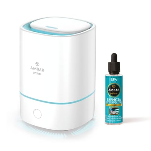 TIENDIFY - Humidificador de Esencia y Difusor de Aroma con Luz LED Ambar Perfums + Esencia 50 ml. a Elegir - Aromaterapia - Ideal para Hogar, Oficina y Dormitorio (SPA)