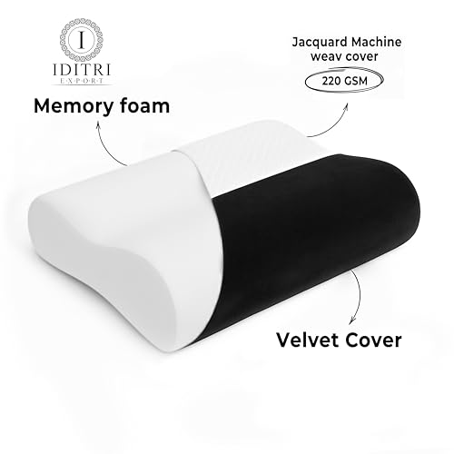 Image of Neck Support Pillow, Memory Foam Cervical Contour with Inner Cover for Hygiene, Breathable Jacquard Velvet Case, Black, 9 cm 12 cm Heights, 60 x 35 cm Ergonomic Bedding Sleep Aid Set