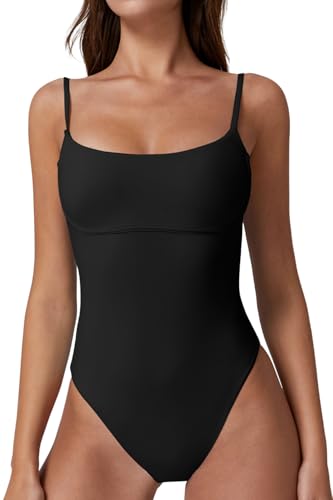 QINSEN Womens Adjustable Spaghetti Straps Removable Padded High Cut One Piece Swimsuit Black S