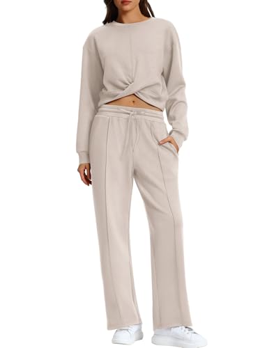 WIHOLL Women 2 Piece Lounge Sets Twist Front Cropped Sweatshirt Wide Leg Sweatpant Fall Outfits Cozy Sweatsuit Tracksuit
