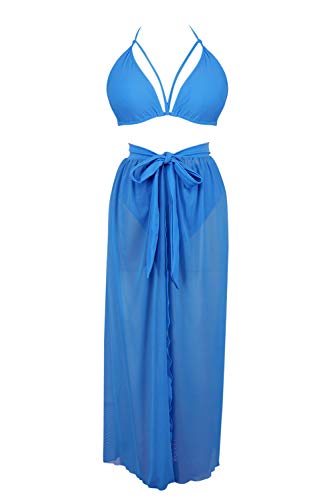 Kisscynest Women's 3 Piece High Waisted Halter Bikini Swimsuit Cover Ups Set Blue S