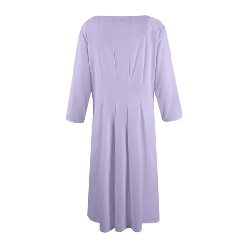 Women's Casual Midi Solid Color Dress A Line 3/4 Sleeve Tunic Dresses Pleated Crew Neck Fashion Loose Fit Wrap Dress