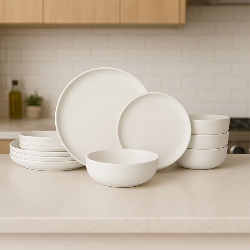 12-Piece Matte White Dinnerware Set,Stoneware Dinnerware for 4, Microwave & Dishwasher Safe, Stackable Design for Kitchen and Dining - Plates and Bowls - Image 3