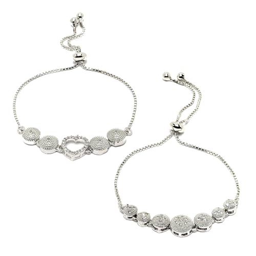 Image of ZENEME Set of 2 Rhodium Plated Silver Toned Crystals Contemporary Cubic Zirconia Brass Adjustable Bracelet For Women & Girls