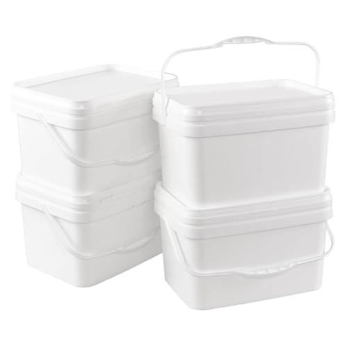 Yesdate 4 Pcs 3 Gallon Rectangle Food Grade Bucket Pail with Airtight Lid, All Purpose Buckets for Storing Dry Food Camping Fishing (White)