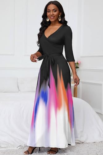 Image of AOMONI Maxi Dress for Women Gradient Casual Long Sundress V Neck 3 /4 Sleeves with Belt