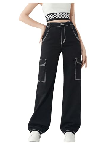 WDIRARA Girl's High Waist Zip Up Denim Pants Straight Leg Cargo Jeans with Pockets