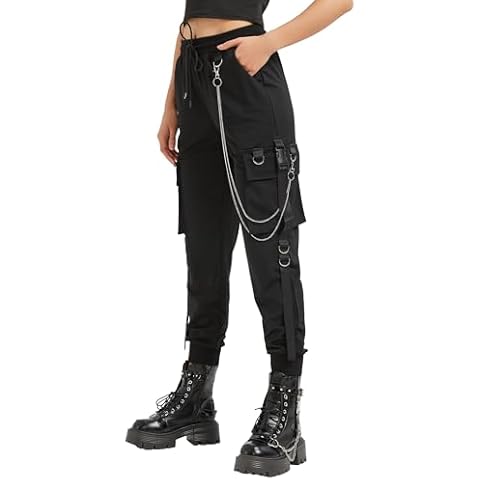 MEINVQIAOTI Women's Black Cargo Pants with Chain Cover